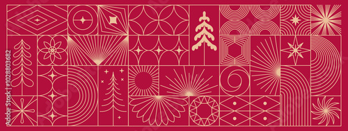 Vector greeting card with stars and sparkles in line style  - merry christmas horizontal banner with line shapes and forms, horizontal banner and background, happy holidays
