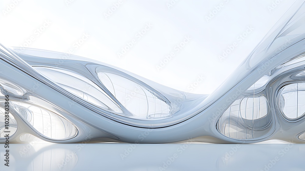Futuristic curved glass architecture with reflective surfaces and organic design Futuristic curved glass architecture with reflective surfaces and organic design