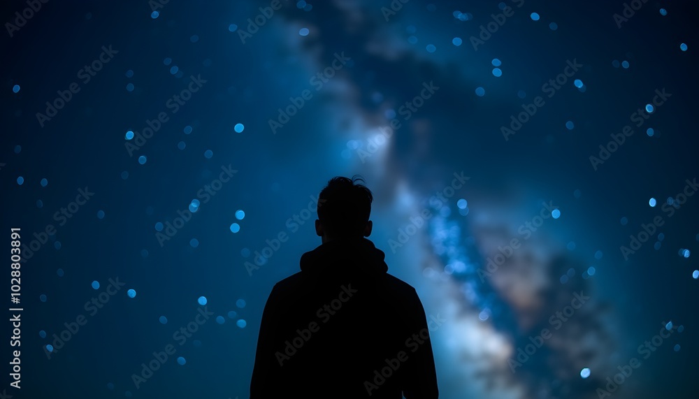 Fototapeta premium Silhouette under starry sky symbolizes cosmic meditation and inner peace.