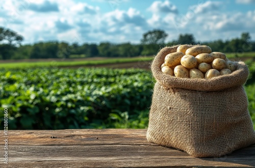 Freshly harvested potatoes in a burlap sack on a sunlit farm landscape