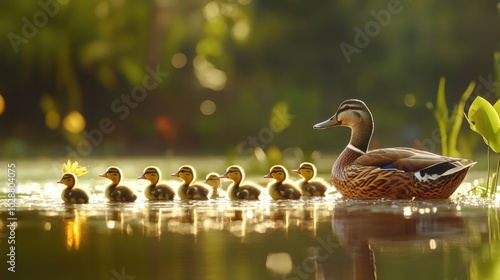 A line of ducklings following their mama through a peaceful pond, creating an adorable wildlife scene full of love and protection