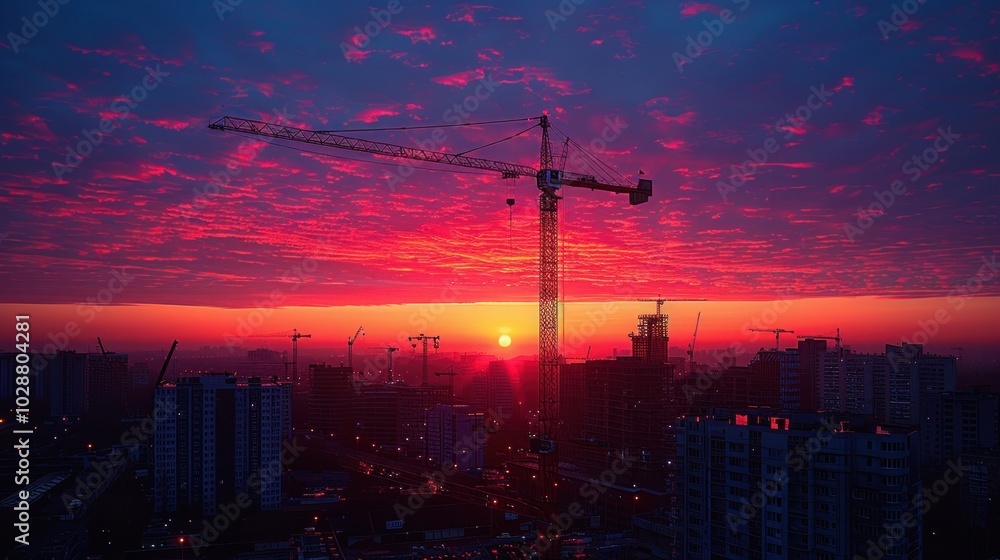 Naklejka premium Silhouette of a construction site at sunset, crane and building shaping the skyline, industry development project with modern architecture.