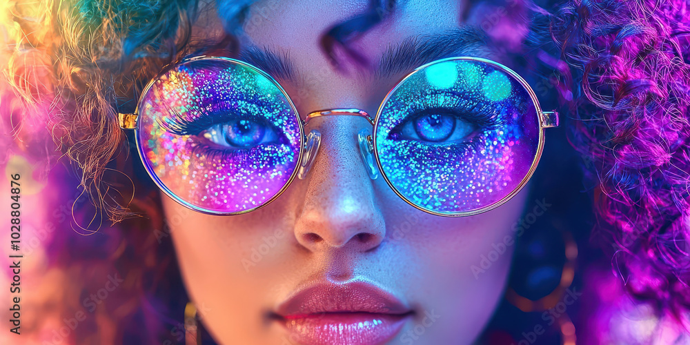 Fototapeta premium A woman with blue eyes and purple hair is wearing colorful glasses