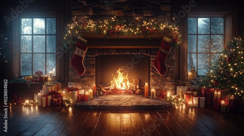 Cozy Christmas fireplace adorned with stockings, decorations, and glowing can...