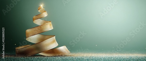 Decorative golden ribbon shaped like a Christmas tree on a softly illuminated...