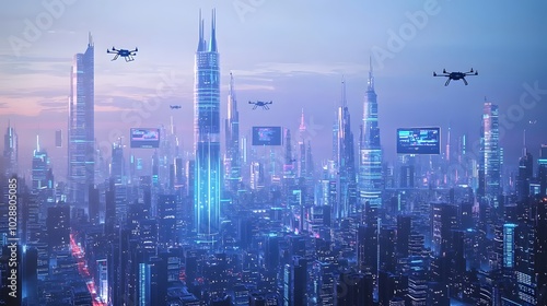 Wallpaper Mural Futuristic urban skyline at dusk with drones and digital billboards Torontodigital.ca