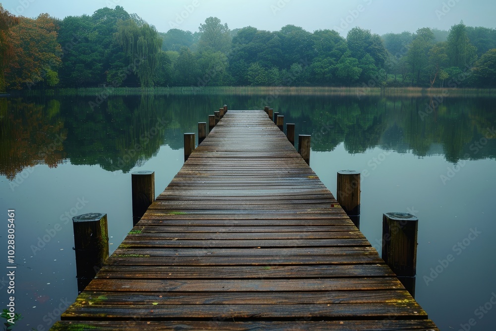 Naklejka premium A wooden jetty projecting into a serene lake with a line of trees in the background ,A foggy day obscures the view of a wooden dock extending into calm waters.