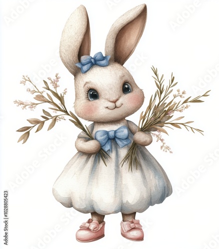 Cute bunny wearing a dress and holding flowers in a whimsical garden setting