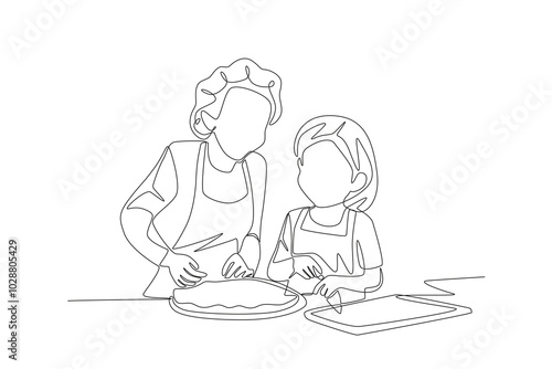 Grandchildren and Grandmother Make Cakes. Baking with grandparents concept one-line drawing