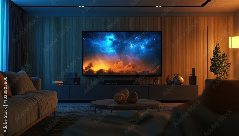 Elegant living room showcasing a large TV screen with captivating visuals Elegant living room showcasing a large TV screen with captivating visuals