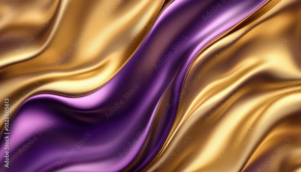 Obraz premium Flowing silk fabric in vibrant gold and purple gradient waves