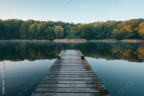 A wooden jetty projecting into a serene lake with a line of trees in the background ,A wooden dock reaches into the water, shrouded in fog on a tranquil day.