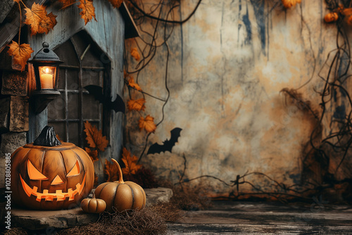 Halloween card background frame image, castel and jack-o'-lantern frame image