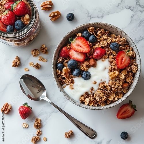 Delicious granola bowl topped with fresh strawberries and nuts on a marble co...