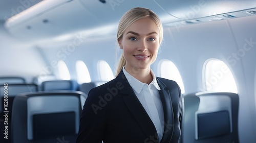 Smiling Flight Attendant in Airplane Cabin - Air Travel Service