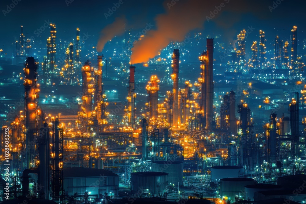 Fototapeta premium Massive oil refinery at night with glowing lights and smoke