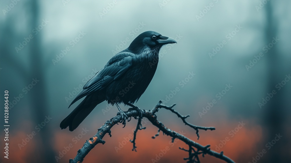 A solitary crow perched on a branch in a misty forest, with a blurred background creating an atmospheric ambiance. A solitary crow perched on a branch in a misty forest, with a blurred background creating an atmospheric ambiance.