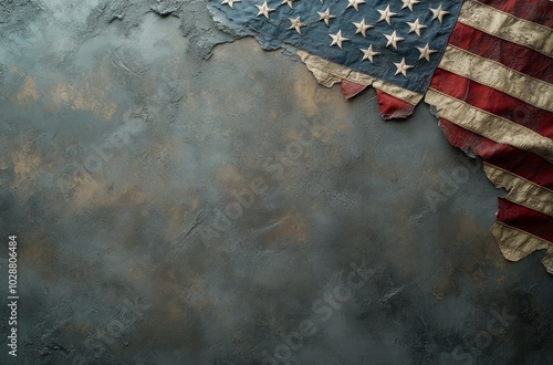 American flag draped subtly against a textured gray background in a minimalis...