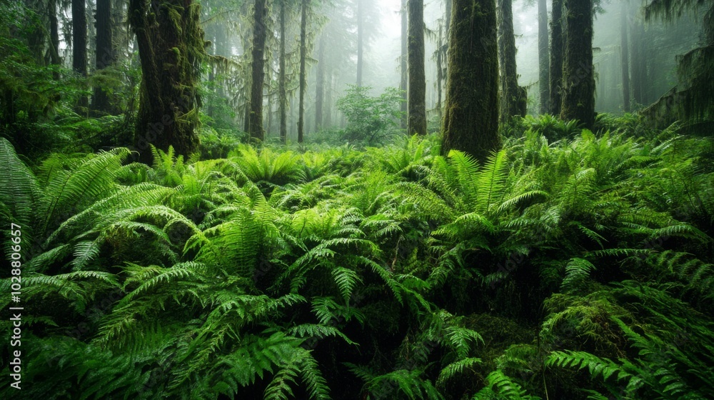 Fototapeta premium Lush Green Ferns and Moss-Covered Trees in a Foggy Forest