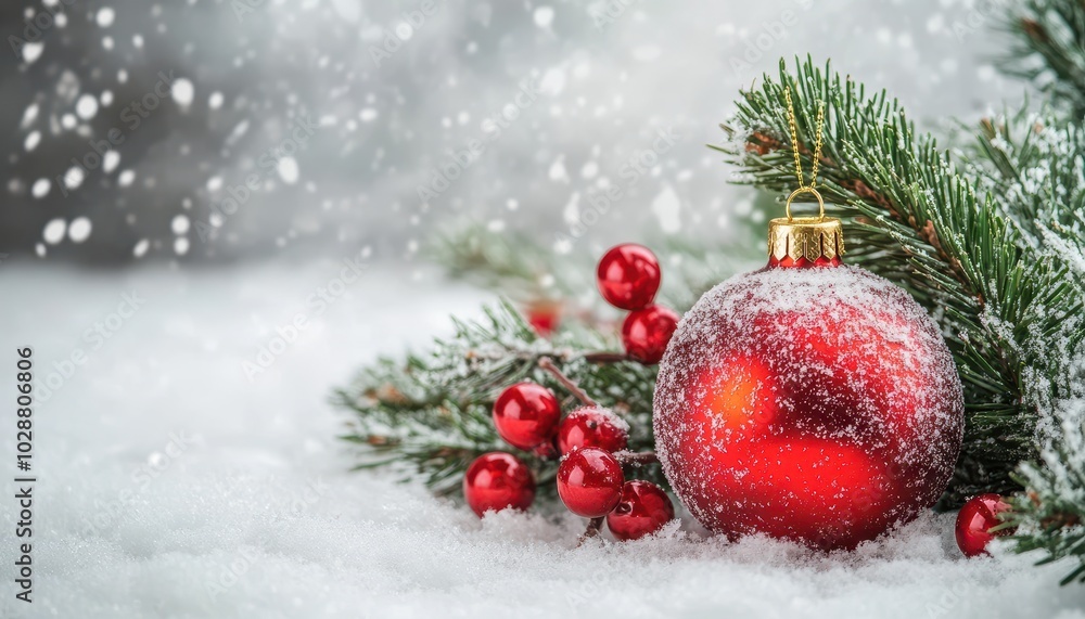 Obraz premium A festive Christmas ornament resting on snowy branches with holiday decorations