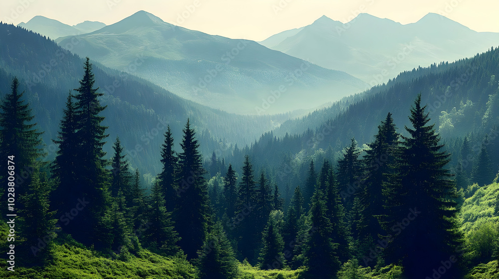 Serene mountain landscape with lush forests and distant peaks. Serene mountain landscape with lush forests and distant peaks.