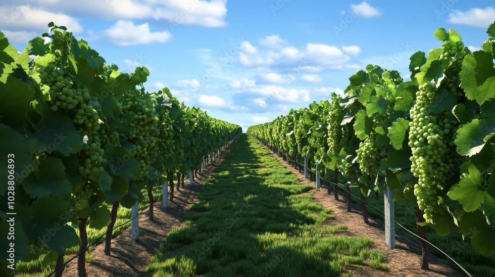 Naklejka premium Lush Vineyard with Green Grapes and a Blue Sky