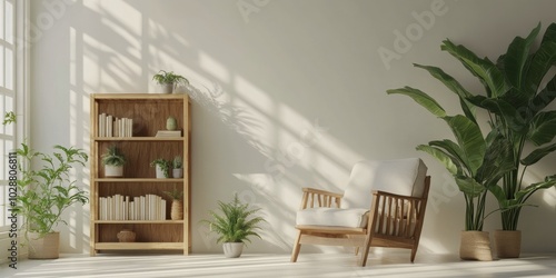 Modern reading nook with wooden shelves and plants in a spacious, sunlit room