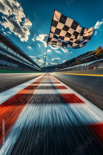 Racing flag waves over the finish line at a motorsport circuit under a bright...