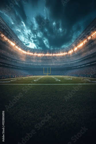 A vibrant football stadium under bright lights with an expansive green field ...