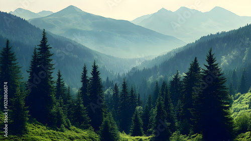 Serene mountain landscape with lush forests and distant peaks.