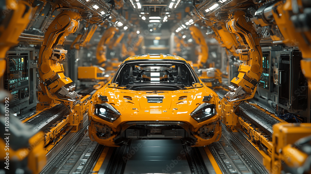 Robotic arms assembling yellow sports car on futuristic production line Robotic arms assembling yellow sports car on futuristic production line