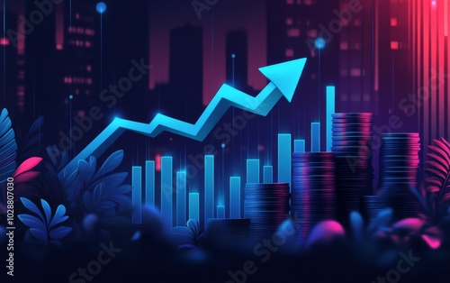 Growing finances shown by rising coins and an upward graph in a digital space