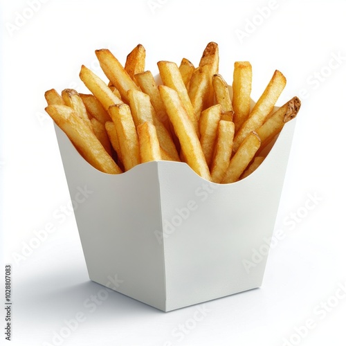 Crispy golden fries served in a white takeout container on a simple background