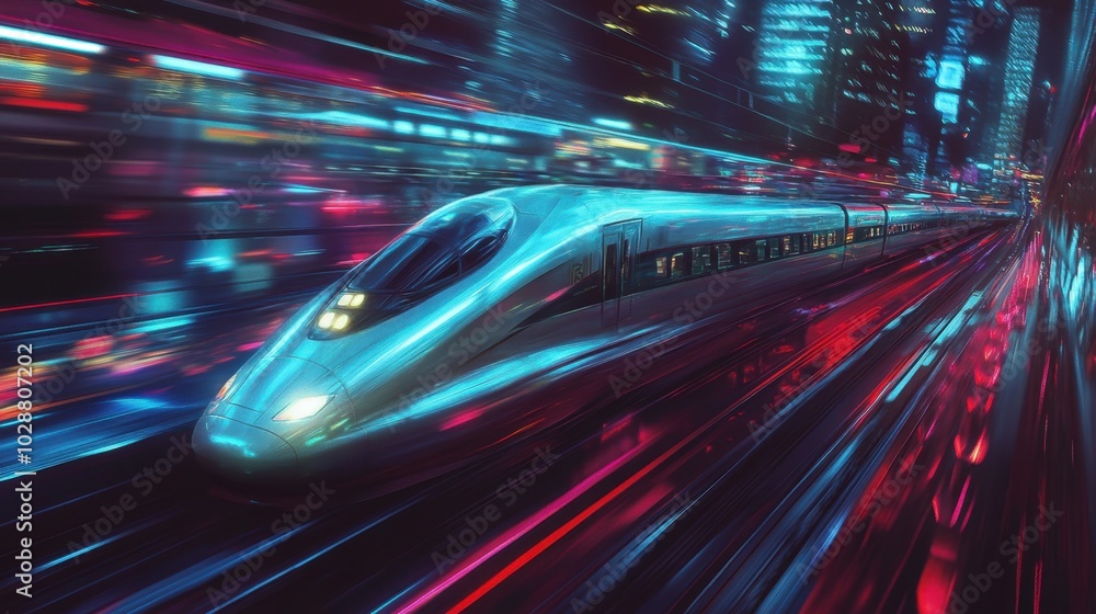 A vibrant digital artwork showcasing a high-speed train in motion, emphasizing the concept of rapid transit with a creative motion blur effect to convey excitement. A vibrant digital artwork showcasing a high-speed train in motion, emphasizing the concept of rapid transit with a creative motion blur effect to convey excitement.