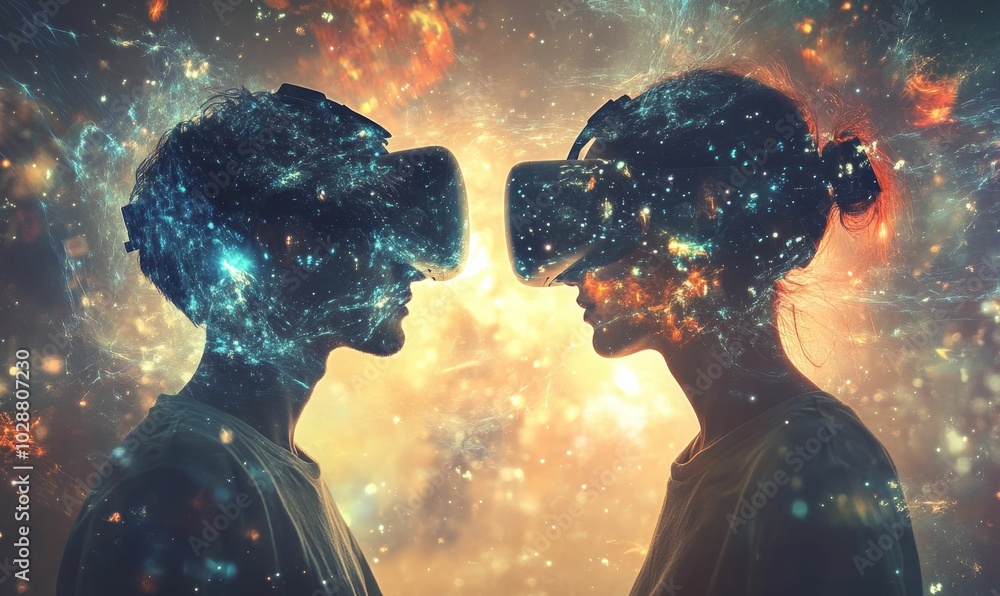 Two people wearing VR headsets facing each other. Two people wearing VR headsets facing each other.