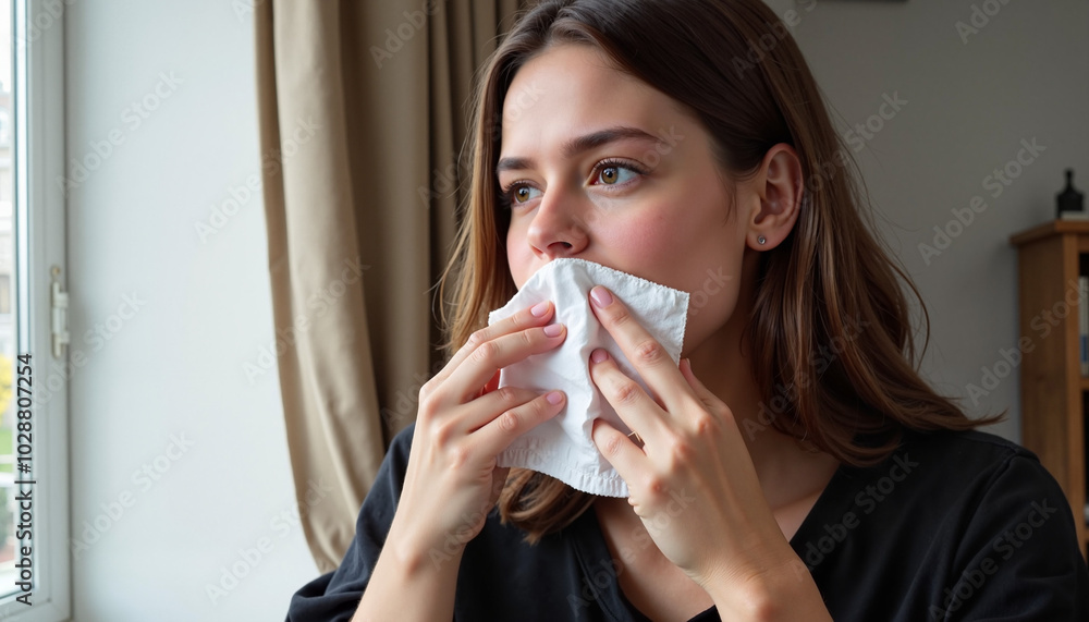Young woman covering her mouth with a tissue looking thoughtful while sitting by a window Young woman covering her mouth with a tissue looking thoughtful while sitting by a window