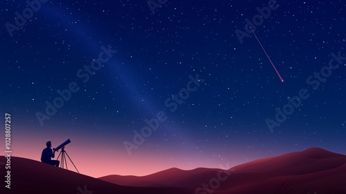 A stargazer observes the night sky with a telescope as a meteor shoots across the clear desert horizon under a blanket of stars