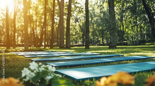 Peaceful park with yoga mats in a green natural setting photo