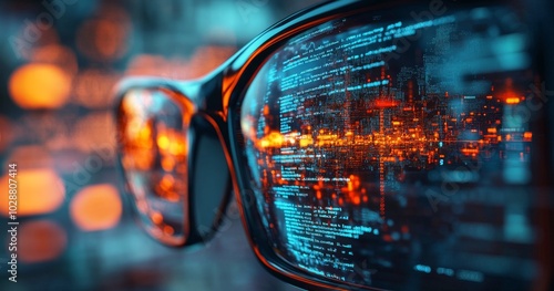Close up of a person wearing glasses reflecting digital data in a tech inspir...