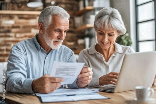 Senior couple sitting at a table, reviewing retirement savings plan documents