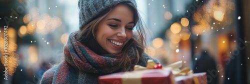A woman joyfully unwraps a gift in a festive city setting during winter