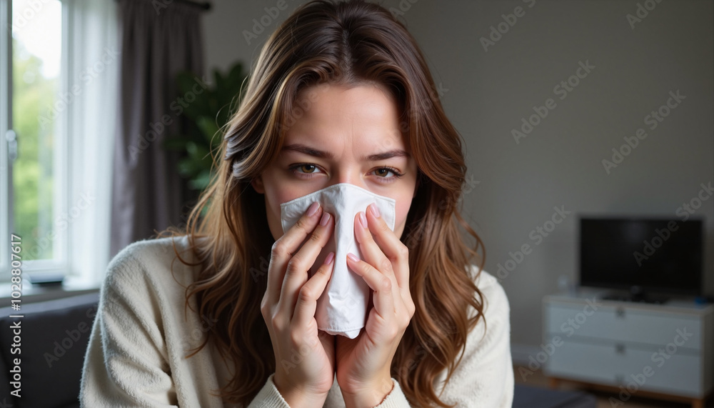 Young woman with a cold covering her nose with a tissue while looking distressed indoors Young woman with a cold covering her nose with a tissue while looking distressed indoors