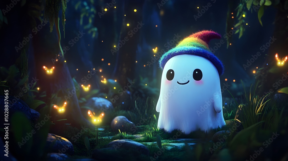 Obraz premium Cute Ghost with Rainbow Hat in Enchanted Forest with Fireflies