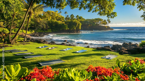 Seaside yoga setup in tropical garden by the ocean photo