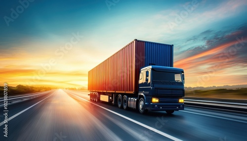 Container truck driving on highway at sunset with blue sky in the background