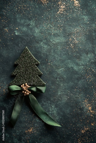 Decorative green ribbon spirals into a Christmas tree shape adorned with gold...
