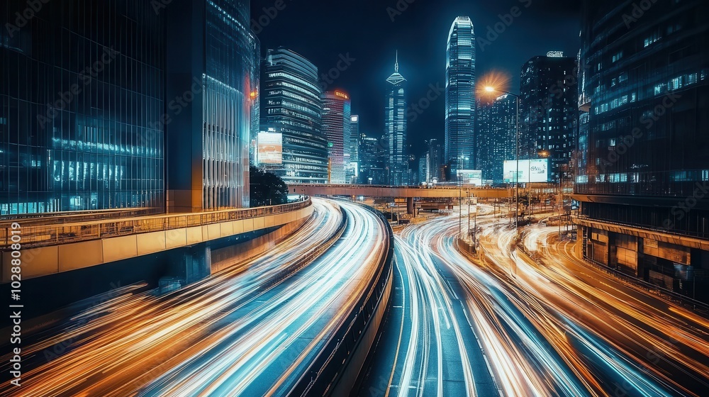 High-speed cars on city highway at night, light trails in modern urban landscape High-speed cars on city highway at night, light trails in modern urban landscape