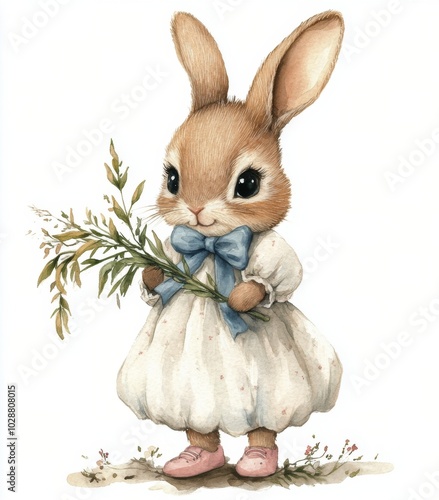 Cute rabbit wearing a dress holding a branch in a whimsical forest setting du...