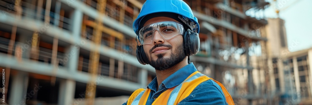 Construction worker wearing protective gear at a building site during daytime hours Construction worker wearing protective gear at a building site during daytime hours