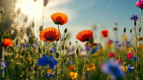 Wallpaper Mural Three red poppies stand tall in a field of wildflowers, bathed in the warm glow of the afternoon sun Torontodigital.ca